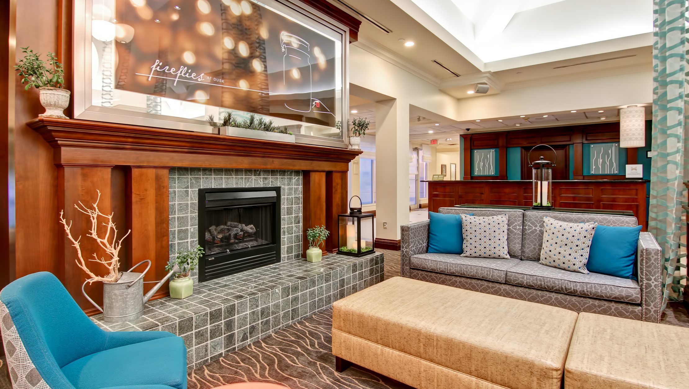 Photo of interior lounge with fire place